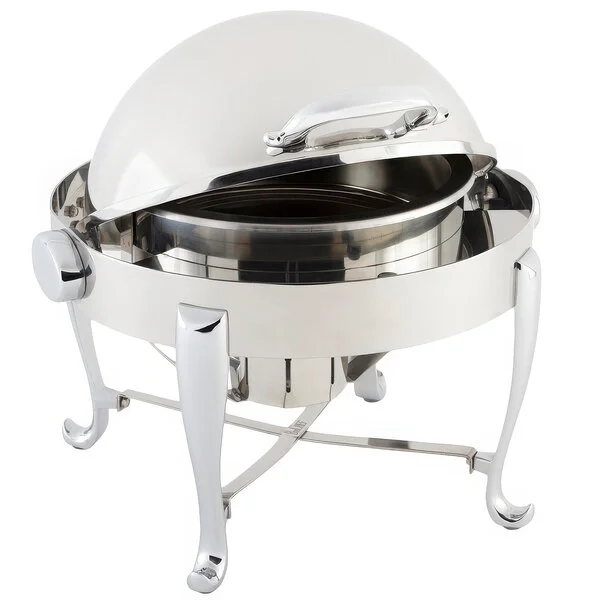 Bon Chef 19114CH Roman Sleek 3 Qt. Dripless Round Stainless Steel with Chrome Accents Roll Top Petite Chafer with Roman Legs Bon Chef 19114CH Roman Sleek 3 Qt. Dripless Round Stainless Steel with Chrome Accents Roll Top Petite Chafer with Roman Legs