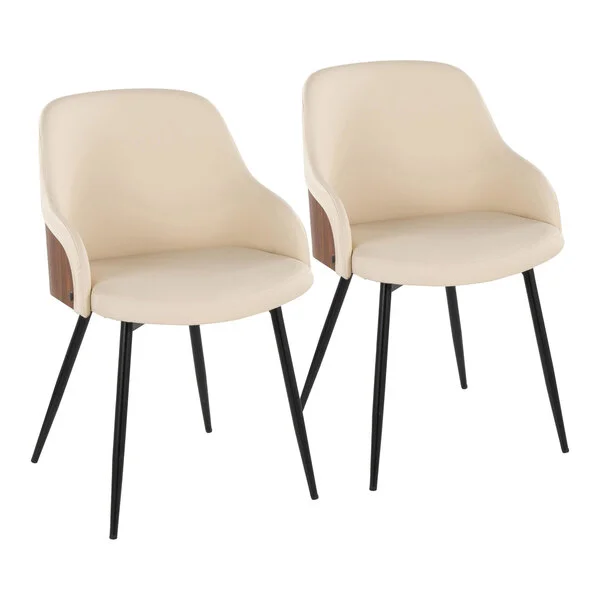 LumiSource Bacci Walnut Wood and Cream Faux Leather Arm Chair with Black Metal Legs - 2/Case