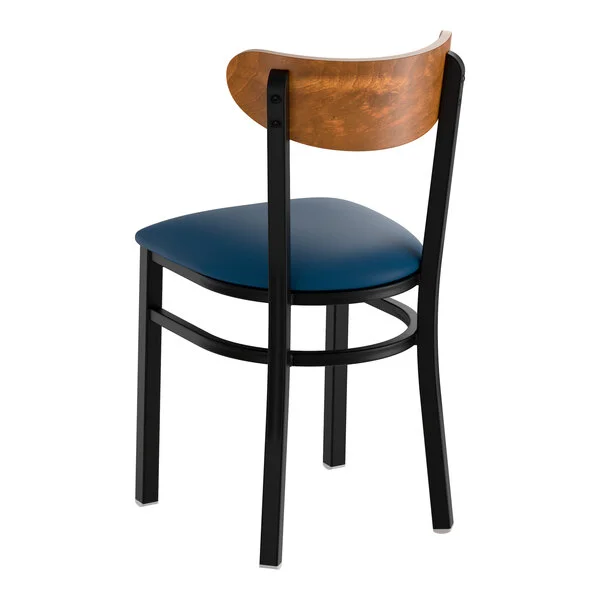 Lancaster Table & Seating Boomerang Black Finish Chair with Navy Vinyl Seat and Vintage Wood Back - Unassembled
