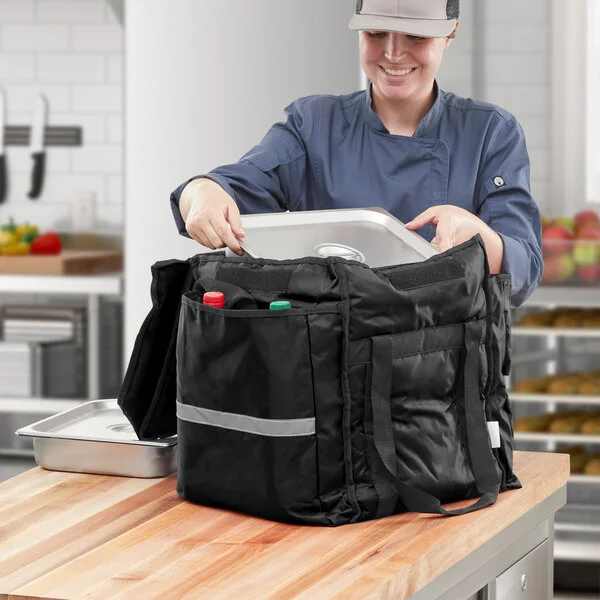 CaterGator Dash Black Nylon Heavy-Duty Insulated Soft-Sided Food Delivery Bag - Holds (6) 2.5 CaterGator Dash Black Nylon Heavy-Duty Insulated Soft-Sided Food Delivery Bag - Holds (6) 2.5