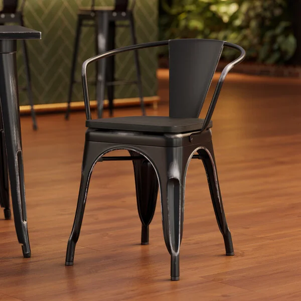 Lancaster Table & Seating Alloy Distressed Onyx Black Indoor Arm Chair with Black Wood Seat Lancaster Table & Seating Alloy Distressed Onyx Black Indoor Arm Chair with Black Wood Seat