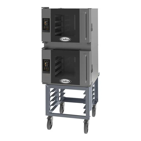 Cadco Bakerlux Station BLS-4HTR-2 Double Stacked 4-Shelf Half Size Heavy-Duty Digital Countertop Convection Ovens with Right Side Doors, Touch Control Panels, and Stand - 208-240V Cadco Bakerlux Station BLS-4HTR-2 Double Stacked 4-Shelf Half Size Heavy-Duty Digital Countertop Convection Ovens with Right Side Doors, Touch Control Panels, and Stand - 208-240V