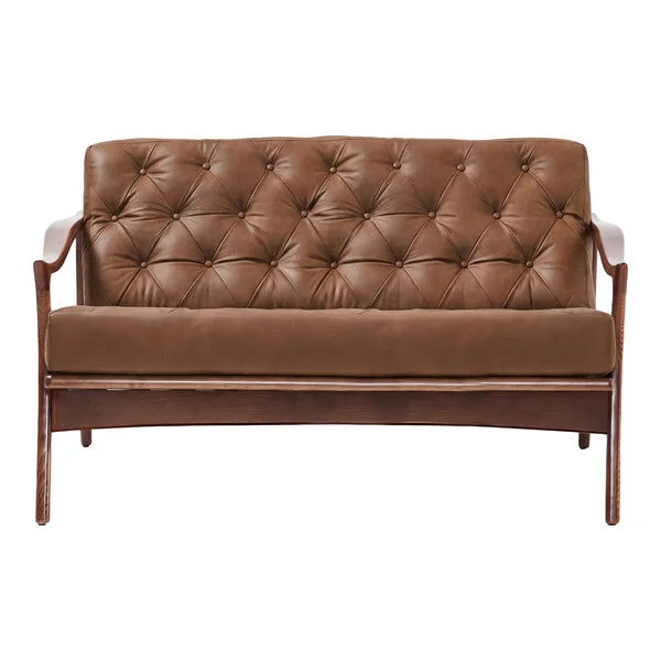 QA Group Mid-Century Modern Brown Faux Leather Tufted Lordelo Lounge Loveseat with Natural Wooden Frame QA Group Mid-Century Modern Brown Faux Leather Tufted Lordelo Lounge Loveseat with Natural Wooden Frame