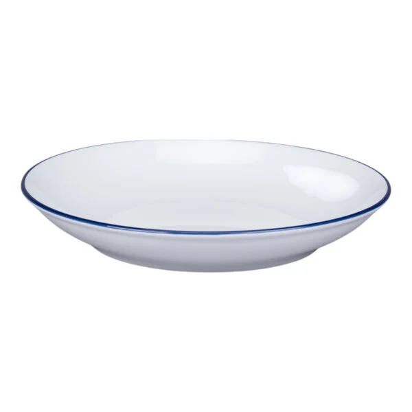 RAK Porcelain Rimz 42.25 oz. White Round Deep Coupe Porcelain Bowl with Blue Rim - 12/Case RAK Porcelain Rimz 42.25 oz. White Round Deep Coupe Porcelain Bowl with Blue Rim - 12/Case