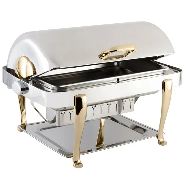 Bon Chef 19040G Elite Rectangle 8 Qt. Dripless Stainless Steel with Gold Accents Roll Top Chafer with Roman Legs Bon Chef 19040G Elite Rectangle 8 Qt. Dripless Stainless Steel with Gold Accents Roll Top Chafer with Roman Legs