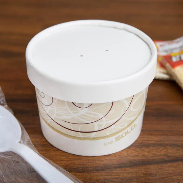 Solo KHSB8A-J8000 Symphony Print 8 oz. Double Poly-Paper Soup / Hot Food Cup with Vented Paper Lid - 250/Case Solo KHSB8A-J8000 Symphony Print 8 oz. Double Poly-Paper Soup / Hot Food Cup with Vented Paper Lid - 250/Case