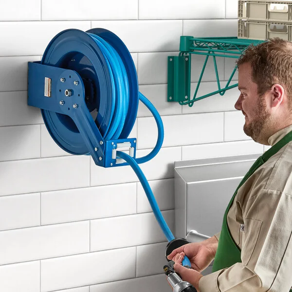 Regency Blue Powder-Coated Steel Open Air / Water Hose Reel with 50' x 3/4 Regency Blue Powder-Coated Steel Open Air / Water Hose Reel with 50' x 3/4