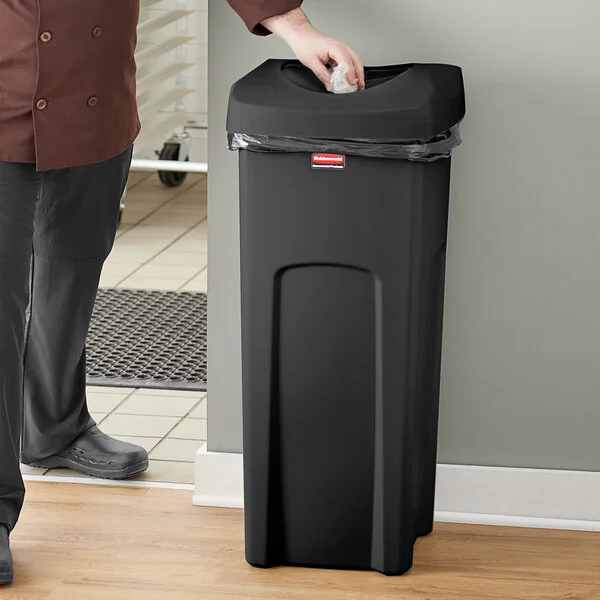Rubbermaid® 6903569BKKIT Untouchable 92 Qt. / 23 Gallon Black Square Trash Can with Drop Shot Lid