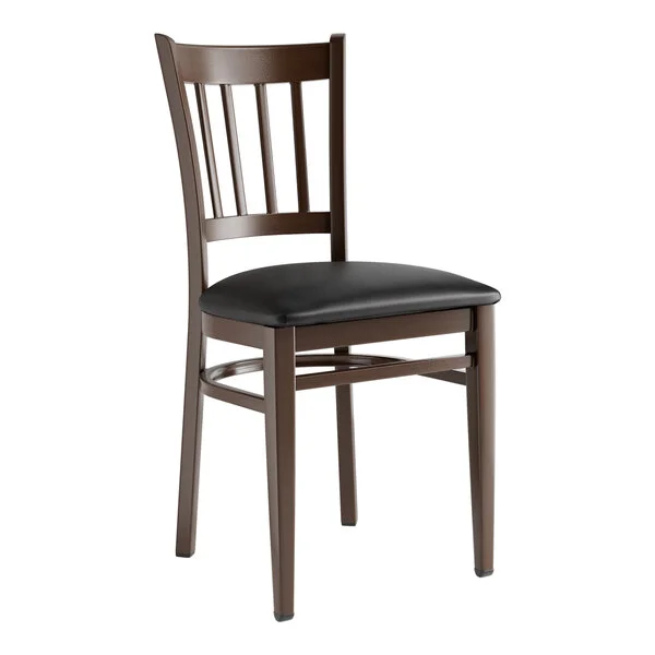 Lancaster Table & Seating Spartan Metal Slat Back Chair with Dark Walnut Wood Grain Finish and Black Vinyl Seat - Assembled Lancaster Table & Seating Spartan Metal Slat Back Chair with Dark Walnut Wood Grain Finish and Black Vinyl Seat - Assembled