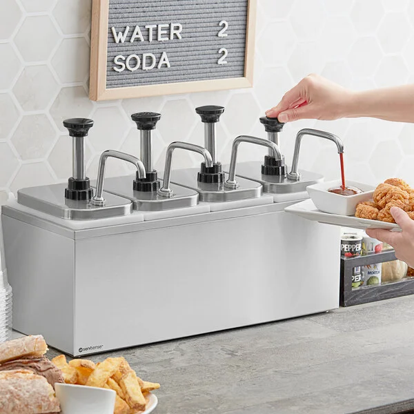 ServSense Quadruple 2 Qt. Stainless Steel Condiment Dispenser - 4 Stainless Steel Pumps with Adjustable Portion Control