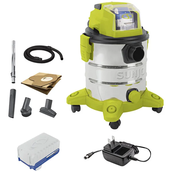 Sun Joe 24V-WDV6000 5.3 Gallon iON+ Cordless Portable Stainless Steel Wet / Dry Vacuum with 4.0 Ah Battery and Charger - 24V