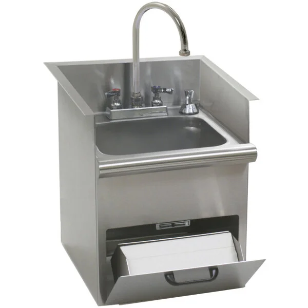 Eagle Group HWB-E Drop In Hand Wash Sink with Encore Gooseneck Faucet, Built In Towel Dispenser, Soap Dispenser, and Basket Drain Eagle Group HWB-E Drop In Hand Wash Sink with Encore Gooseneck Faucet, Built In Towel Dispenser, Soap Dispenser, and Basket Drain
