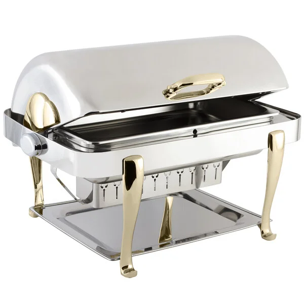 Bon Chef 19040 Elite Rectangle 8 Qt. Dripless Stainless Steel with Brass Accents Roll Top Chafer with Roman Legs Bon Chef 19040 Elite Rectangle 8 Qt. Dripless Stainless Steel with Brass Accents Roll Top Chafer with Roman Legs
