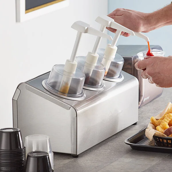 Steril-Sil 30 oz. 3-Compartment Stainless Steel Condiment Dispenser Kit with Stainless Steel Cylinders and Dome Top Pump Lids Steril-Sil 30 oz. 3-Compartment Stainless Steel Condiment Dispenser Kit with Stainless Steel Cylinders and Dome Top Pump Lids