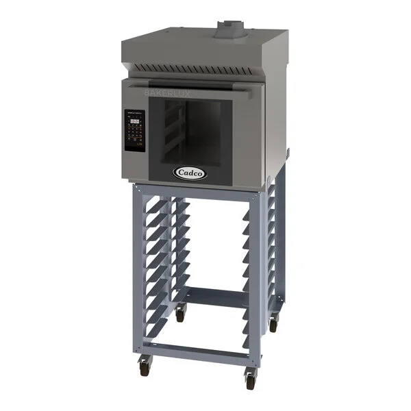 Cadco Bakerlux Station BLS-4HLD-1H 4-Shelf Half Size Heavy-Duty Digital Countertop Convection Oven with LED Control Panel, Ventless Hood, and Stand - 208-240V Cadco Bakerlux Station BLS-4HLD-1H 4-Shelf Half Size Heavy-Duty Digital Countertop Convection Oven with LED Control Panel, Ventless Hood, and Stand - 208-240V