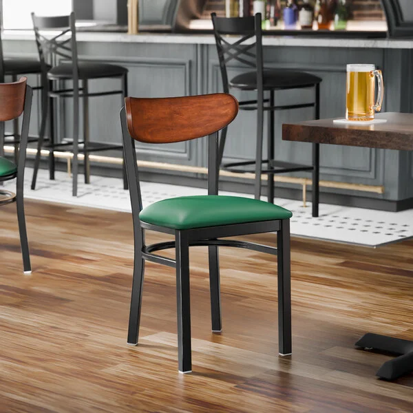 Lancaster Table & Seating Boomerang Black Finish Chair with Green Vinyl Seat and Antique Walnut Wood Back - Unassembled Lancaster Table & Seating Boomerang Black Finish Chair with Green Vinyl Seat and Antique Walnut Wood Back - Unassembled