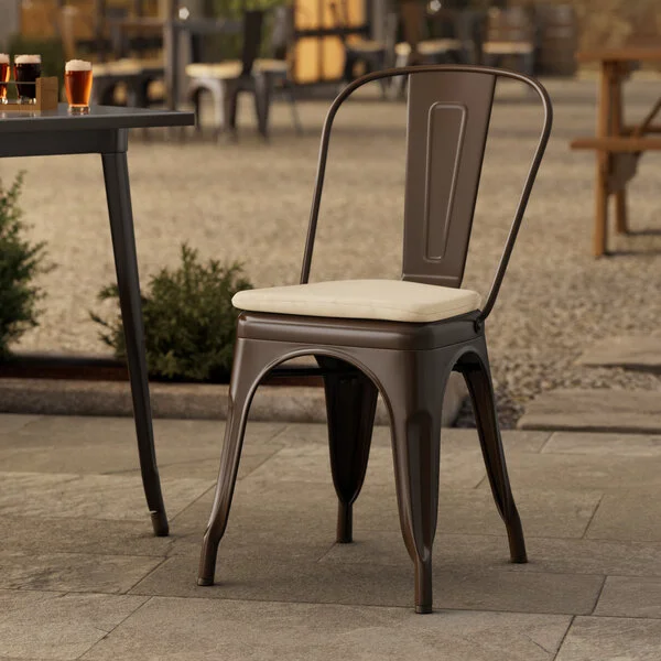 Lancaster Table & Seating Alloy Copper Outdoor Cafe Chair with Tan Fabric Magnetic Cushion Lancaster Table & Seating Alloy Copper Outdoor Cafe Chair with Tan Fabric Magnetic Cushion