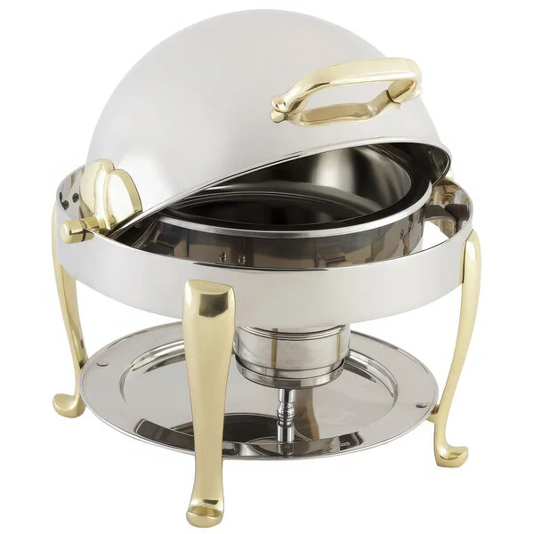 Bon Chef 19014 Petite 3 Qt. Dripless Round Stainless Steel with Brass Accents Roll Top Chafer with Roman Legs Bon Chef 19014 Petite 3 Qt. Dripless Round Stainless Steel with Brass Accents Roll Top Chafer with Roman Legs