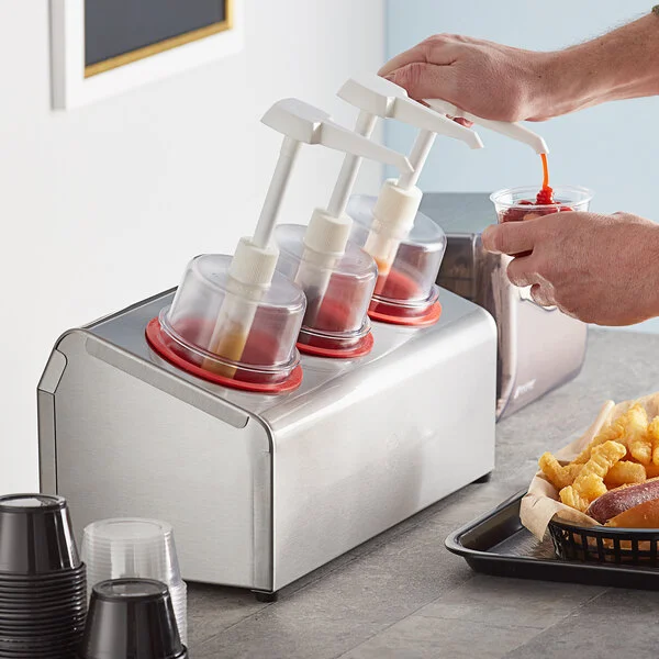 Steril-Sil 30 oz. 3-Compartment Stainless Steel Condiment Dispenser Kit with Red Cylinders and Dome Top Pump Lids Steril-Sil 30 oz. 3-Compartment Stainless Steel Condiment Dispenser Kit with Red Cylinders and Dome Top Pump Lids