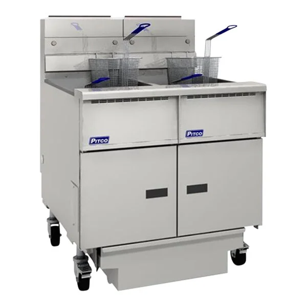 Pitco® SG14-2FD Solstice 2 Unit Liquid Propane Stainless Steel Floor Fryer with (2) 40-50 lb. Frypots and Filter Drawer - 110,000 BTU