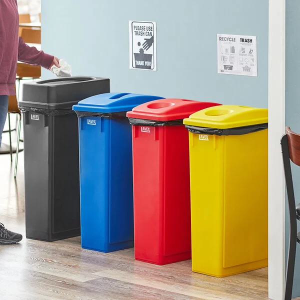 Lavex 92 Gallon 4-Stream Slim Rectangular Recycle Station with Black Drop Shot, Blue Paper Slot, Red Bottle / Can, and Yellow Bottle / Can Lids
