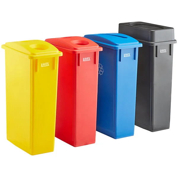 Lavex 92 Gallon 4-Stream Slim Rectangular Recycle Station with Black Drop Shot, Blue Paper Slot, Red Bottle / Can, and Yellow Bottle / Can Lids Lavex 92 Gallon 4-Stream Slim Rectangular Recycle Station with Black Drop Shot, Blue Paper Slot, Red Bottle / Can, and Yellow Bottle / Can Lids