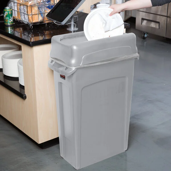 Rubbermaid® Slim Jim 92 Qt. / 23 Gallon Gray Rectangular Trash Can with Gray Drop Shot Lid Rubbermaid® Slim Jim 92 Qt. / 23 Gallon Gray Rectangular Trash Can with Gray Drop Shot Lid