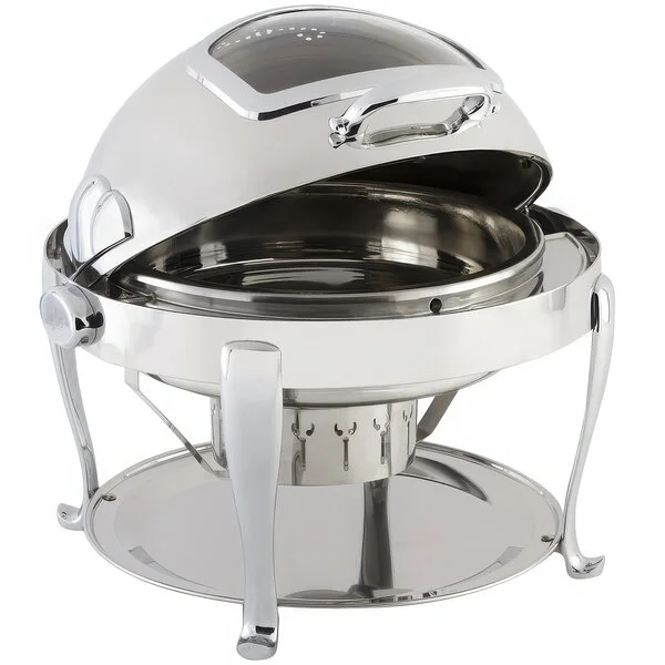 Bon Chef 19001CH Roman Elite 8 Qt. Dripless Round Stainless Steel with Chrome Accents Roll Top Chafer with Glass Window and Roman Legs Bon Chef 19001CH Roman Elite 8 Qt. Dripless Round Stainless Steel with Chrome Accents Roll Top Chafer with Glass Window and Roman Legs