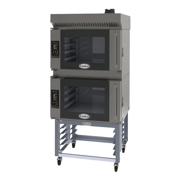 Cadco Bakerlux Station BLS-4FTR-2H Double Stacked 4-Shelf Full Size Heavy-Duty Digital Countertop Convection Ovens with Right Side Doors, Touch Control Panels, Ventless Hood, and Stand - 208-240V Cadco Bakerlux Station BLS-4FTR-2H Double Stacked 4-Shelf Full Size Heavy-Duty Digital Countertop Convection Ovens with Right Side Doors, Touch Control Panels, Ventless Hood, and Stand - 208-240V