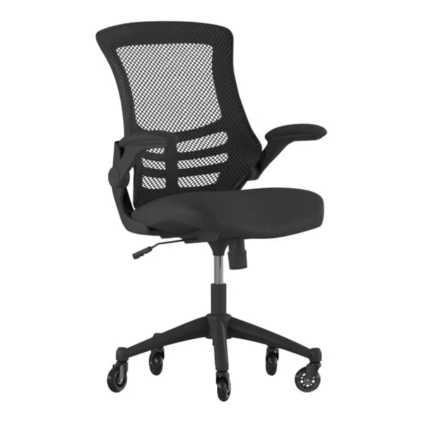 Flash Furniture Kelista Black Mesh Mid-Back Swivel Ergonomic Office Chair / Task Chair with Black Frame, Flip-Up Arms, and Roller Wheels Flash Furniture Kelista Black Mesh Mid-Back Swivel Ergonomic Office Chair / Task Chair with Black Frame, Flip-Up Arms, and Roller Wheels