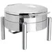Eastern Tabletop 3978S Jazz Swing 6 Qt. Stainless Steel Round Chafer with Pillar'd Stand and Hinged Dome Cover Eastern Tabletop 3978S Jazz Swing 6 Qt. Stainless Steel Round Chafer with Pillar'd Stand and Hinged Dome Cover