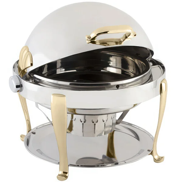 Bon Chef 19000G Elite Round 8 Qt. Dripless Round Stainless Steel with Gold Accents Roll Top Chafer with Roman Legs Bon Chef 19000G Elite Round 8 Qt. Dripless Round Stainless Steel with Gold Accents Roll Top Chafer with Roman Legs