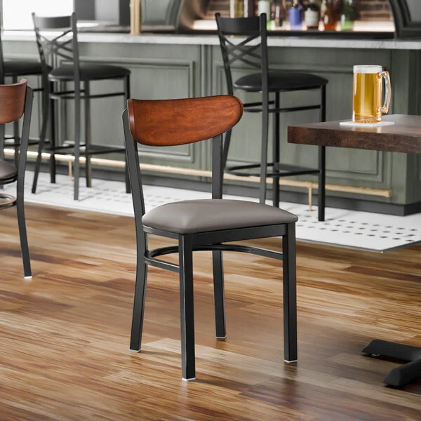 Lancaster Table & Seating Boomerang Black Finish Chair with Dark Gray Vinyl Seat and Antique Walnut Wood Back - Unassembled Lancaster Table & Seating Boomerang Black Finish Chair with Dark Gray Vinyl Seat and Antique Walnut Wood Back - Unassembled