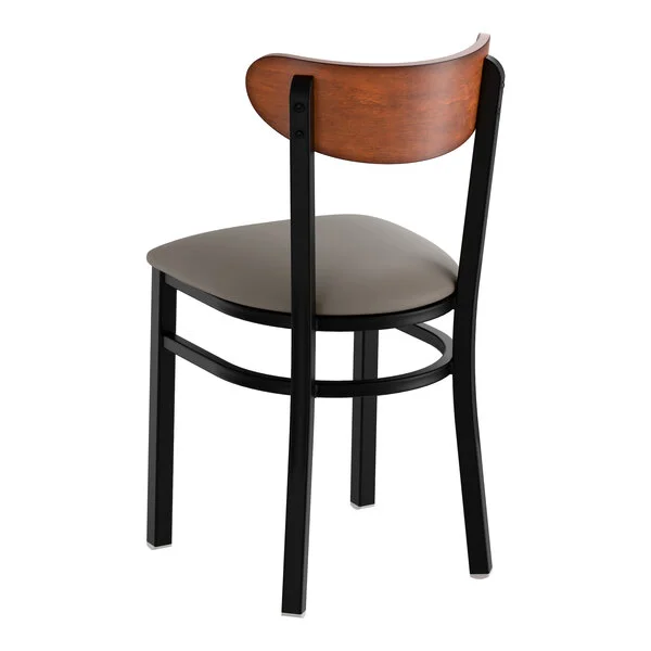 Lancaster Table & Seating Boomerang Black Finish Chair with Dark Gray Vinyl Seat and Antique Walnut Wood Back - Unassembled Lancaster Table & Seating Boomerang Black Finish Chair with Dark Gray Vinyl Seat and Antique Walnut Wood Back - Unassembled
