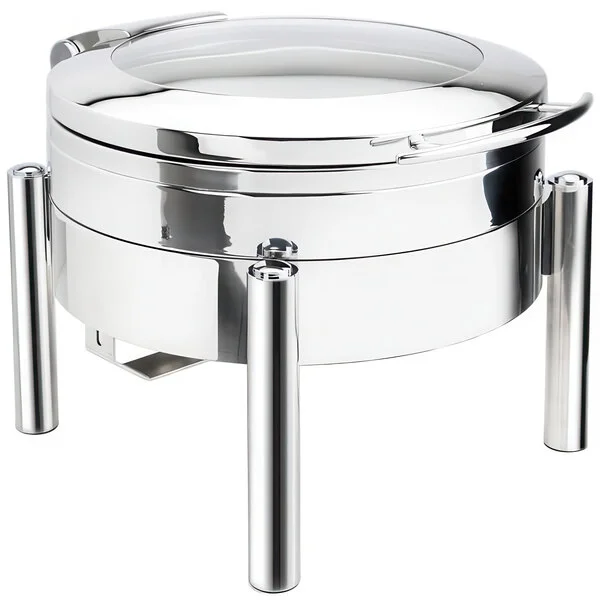 Eastern Tabletop 3978GS Jazz Swing 6 Qt. Stainless Steel Round Chafer with Pillar'd Stand and Hinged Glass Dome Cover