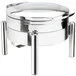Eastern Tabletop 3978GS Jazz Swing 6 Qt. Stainless Steel Round Chafer with Pillar'd Stand and Hinged Glass Dome Cover Eastern Tabletop 3978GS Jazz Swing 6 Qt. Stainless Steel Round Chafer with Pillar'd Stand and Hinged Glass Dome Cover