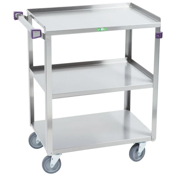 Lakeside 411A Medium-Duty Stainless Steel 3 Shelf Utility Cart with Purple Handle and Leg Bumpers - 16 3/4 Lakeside 411A Medium-Duty Stainless Steel 3 Shelf Utility Cart with Purple Handle and Leg Bumpers - 16 3/4