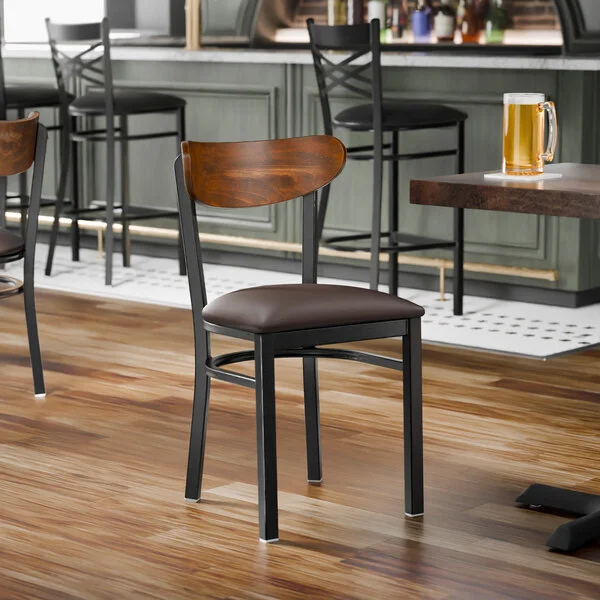 Lancaster Table & Seating Boomerang Black Finish Chair with Dark Brown Vinyl Seat and Vintage Wood Back - Unassembled Lancaster Table & Seating Boomerang Black Finish Chair with Dark Brown Vinyl Seat and Vintage Wood Back - Unassembled