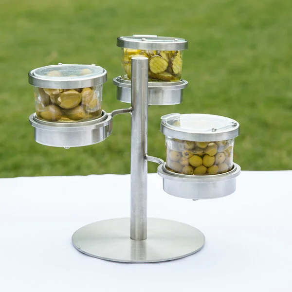 Cal-Mil 1855-4-55HL Mixology Stainless Steel Tiered 3 Jar Display for 16 oz. Jars with Hinged Lids - 14