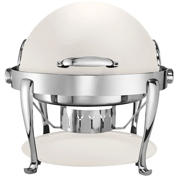 Bon Chef 19000CH-BIANCO Elite Round 8 Qt. Dripless Bianco Finish with Chrome Accents Roll Top Chafer with Roman Legs Bon Chef 19000CH-BIANCO Elite Round 8 Qt. Dripless Bianco Finish with Chrome Accents Roll Top Chafer with Roman Legs