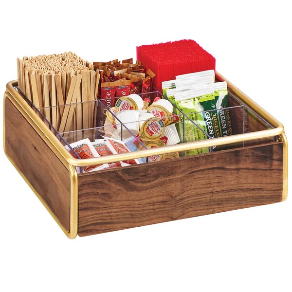Cal-Mil 3707-46 Mid-Century 9 Compartment Wood Condiment Organizer with Brass Accents - 12 Cal-Mil 3707-46 Mid-Century 9 Compartment Wood Condiment Organizer with Brass Accents - 12