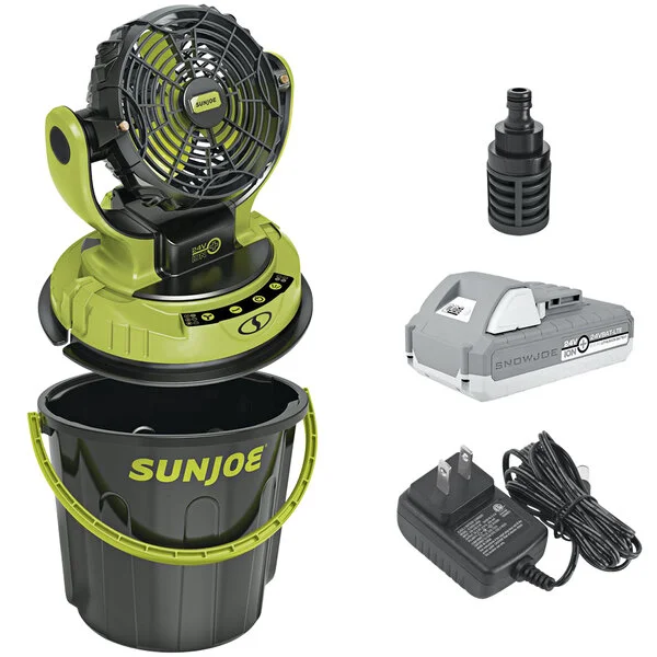 Sun Joe 24V-MSTFAN-LTE iON+ Cordless Indoor / Outdoor Misting Fan with 2.0 Ah Battery, Charger, & 6 Gallon Portable Bucket - 24V
