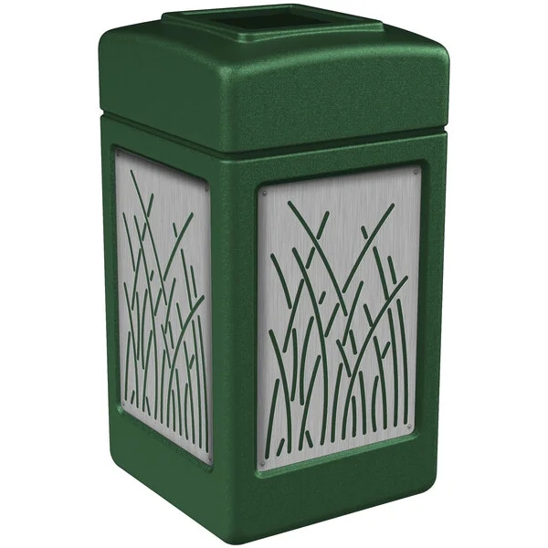 Commercial Zone 734160 42 Gallon Green Square Trash Can with Stainless Steel Reed Panels Commercial Zone 734160 42 Gallon Green Square Trash Can with Stainless Steel Reed Panels