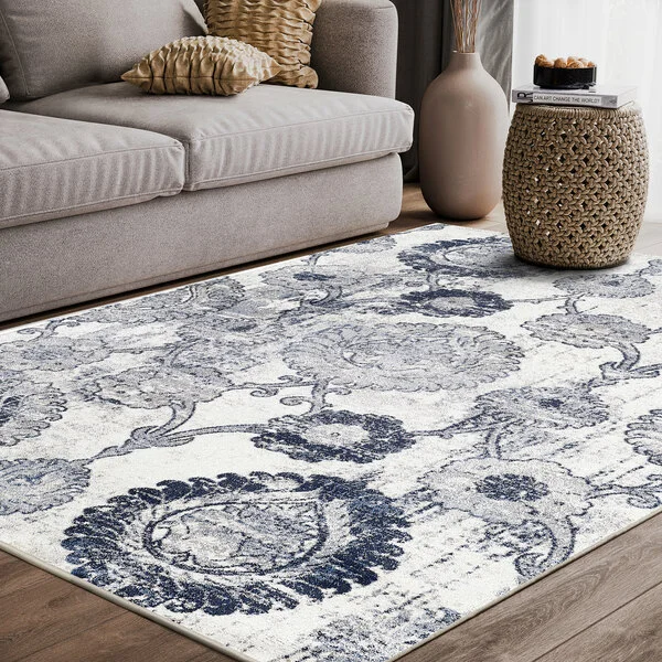 Abani Arto Collection 3' x 5' Cream / Blue Distressed Bohemian Medallion Area Rug Abani Arto Collection 3' x 5' Cream / Blue Distressed Bohemian Medallion Area Rug