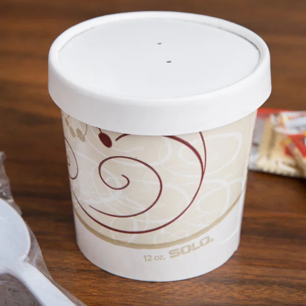 Solo KHSB12A-J8000 Symphony Print 12 oz. Double Poly-Paper Soup / Hot Food Cup with Vented Paper Lid - 250/Case Solo KHSB12A-J8000 Symphony Print 12 oz. Double Poly-Paper Soup / Hot Food Cup with Vented Paper Lid - 250/Case