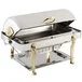 Bon Chef 18040G Elite Rectangle 8 Qt. Dripless Stainless Steel with Gold Plated Accents Roll Top Chafer with Lion Legs Bon Chef 18040G Elite Rectangle 8 Qt. Dripless Stainless Steel with Gold Plated Accents Roll Top Chafer with Lion Legs