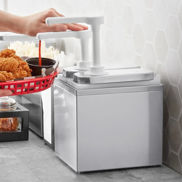 ServSense Double 1 Qt. Stainless Steel Condiment Dispenser - 2 Plastic Pumps, 1 oz. Portions