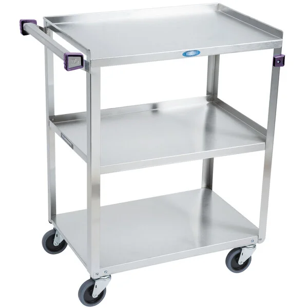 Lakeside 311A Standard-Duty Stainless Steel 3 Shelf Utility Cart with Purple Handle and Leg Bumpers - 16 1/4 Lakeside 311A Standard-Duty Stainless Steel 3 Shelf Utility Cart with Purple Handle and Leg Bumpers - 16 1/4