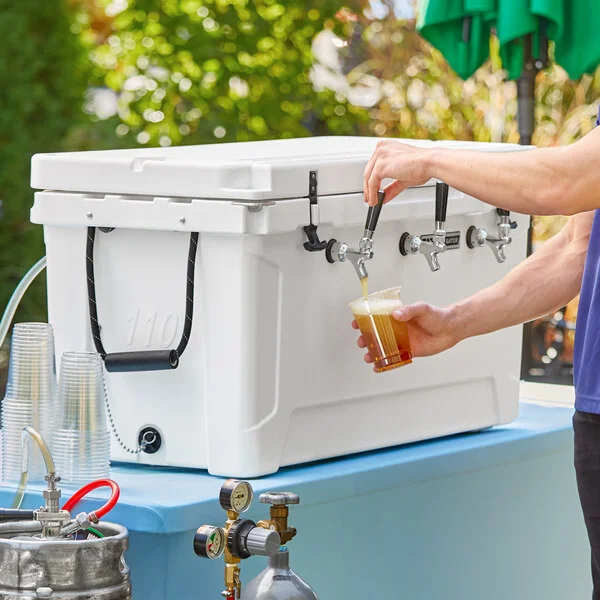 CaterGator JB100WH White 3 Faucet 106 Qt. Insulated Jockey Box with 100 ft. Coils CaterGator JB100WH White 3 Faucet 106 Qt. Insulated Jockey Box with 100 ft. Coils