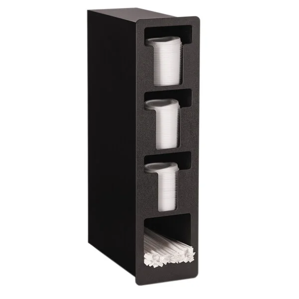 Vollrath FML-3VS Black Thermoplastic Flush Mount Vertical 3-Slot Lid Holder with Straw Slot